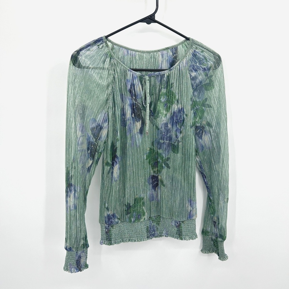 Floral Plisse Blouse S Green Blue Sheer Metallic Fairycore Romantic Top